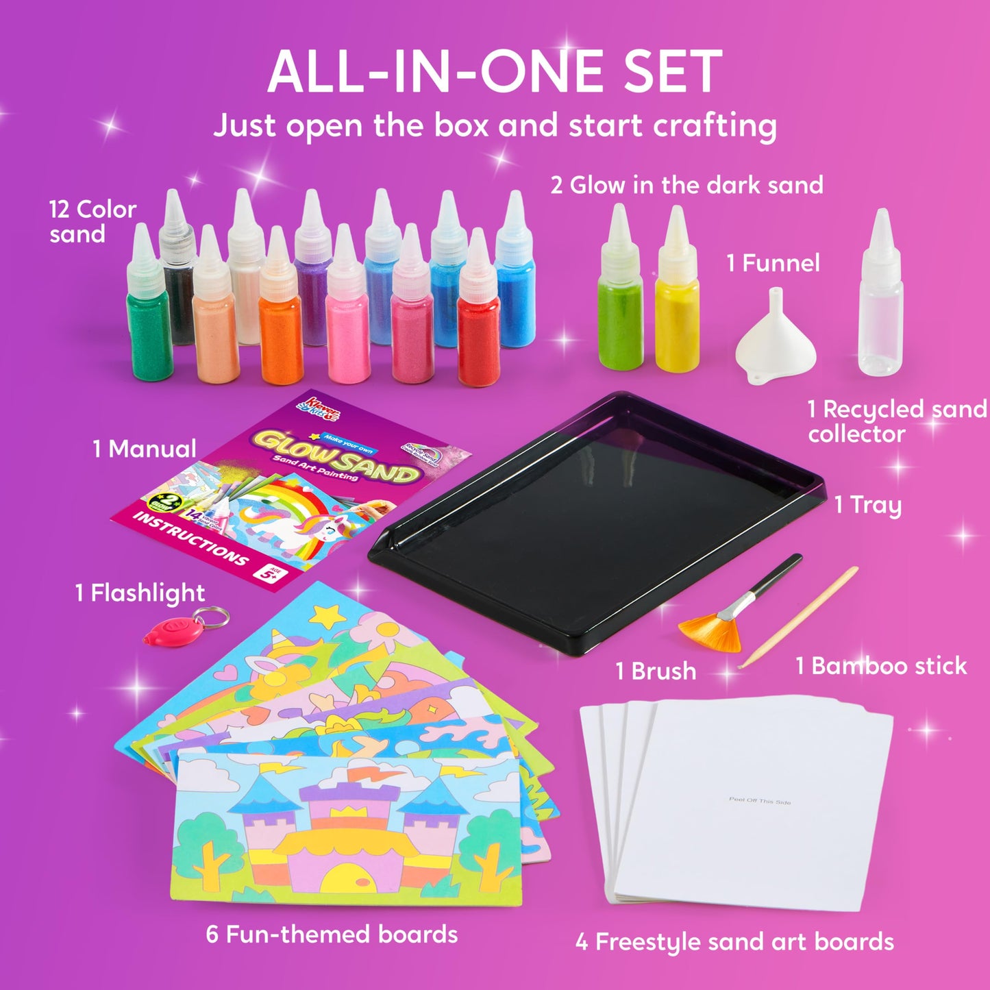 JOVA Klever Kits Glow Sand Art Kits for Kids, Glow in The Dark Sand Painting with 14 Colors, Kids Crafts, 6 Fantasy Templates & 4 DIY Sheets, Mess Free Arts and Crafts, Gifts for Girls Ages 5+