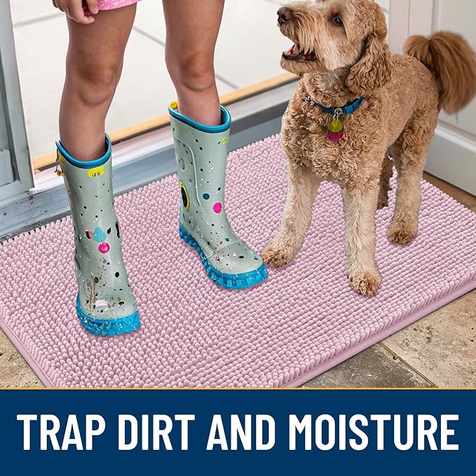 Smiry Dog Door Mat for Muddy Paws 47x32, Absorbs Moisture and Dirt Doormat, Non-Slip Washable Quick Dry Chenille Front Door Mat Indoor Entrance, Entryway Carpet for Inside Floor, Dusty Rose