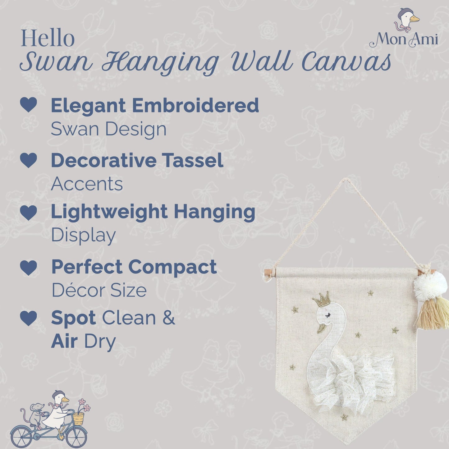 MON AMI Embroidered Swan Hanging Wall Canvas Banner | 10-Inch Plush Wall Décor for Nursery & Kids’ Room | Elegant Swan Design with Tassels | Whimsical Gift for Baby Showers & Birthdays