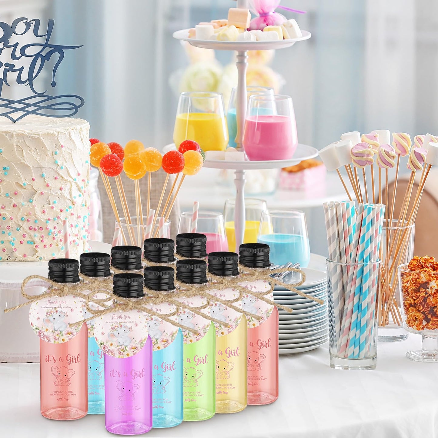 Funnymoom 50 Sets Elephant Party Favors for Guests 1.7oz/50ml Mini Liquor Bottles and Thank You Cards Funnels Plastic Empty Shot Bottles for Juice Alcohol Baby Shower Gender Reveal Party Gift