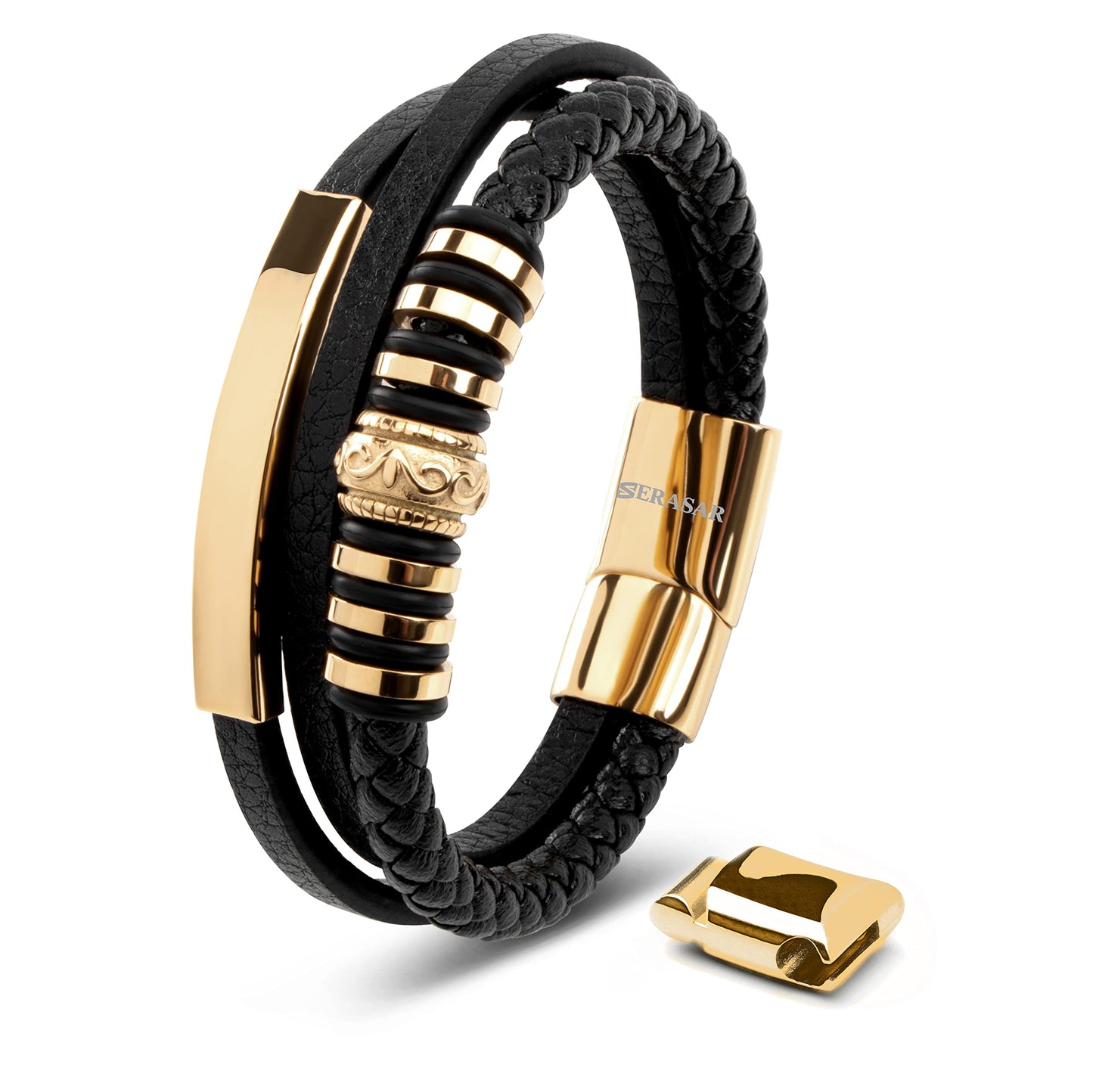 SERASAR Gold Bracelets for Men 17cm Bracelet Gift Box Genuine Leather Cowhide Braided Adjust Able Magnetic Clasp Multi Layer Wrap Rope Man Mans Male Band Jewelry Magnet Accessories