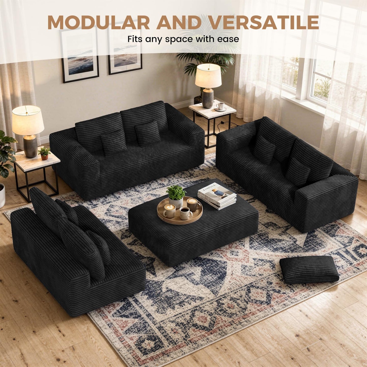 Luxanimarion 136'' Large Sectional Cloud Couches with Chaise, U Shaped Boneless Sofa Bed with Ottoman, No Assembly Required Deep Seat Modular Lounge for Living Room 4PCS Set, Bedroom(Black)