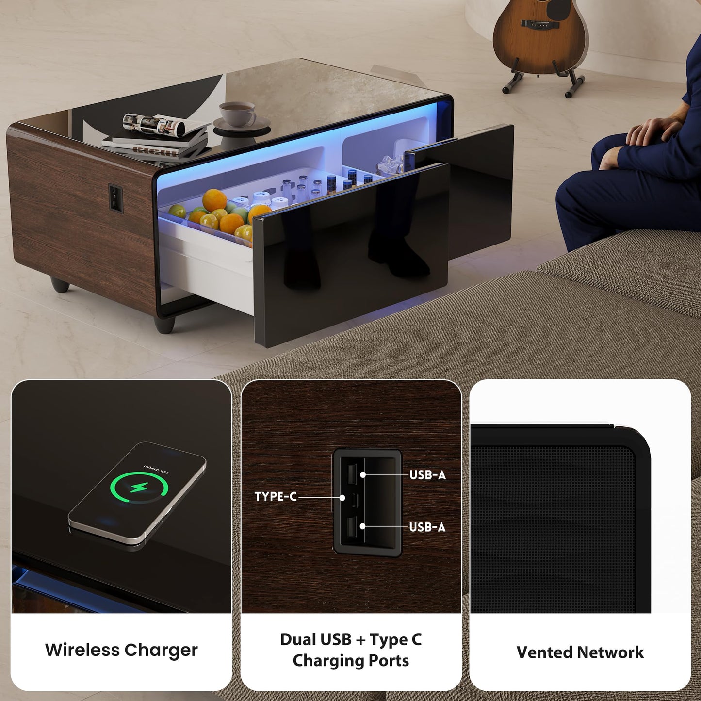 AXIOS Smart Coffee Table with Fridge Modern Smart Coffee Table with Built in Speakers and Wireless Charging for Living Room Table 23" D X 41.5" W X 18.2" H Dual USB and Type-C Charging Ports Brown