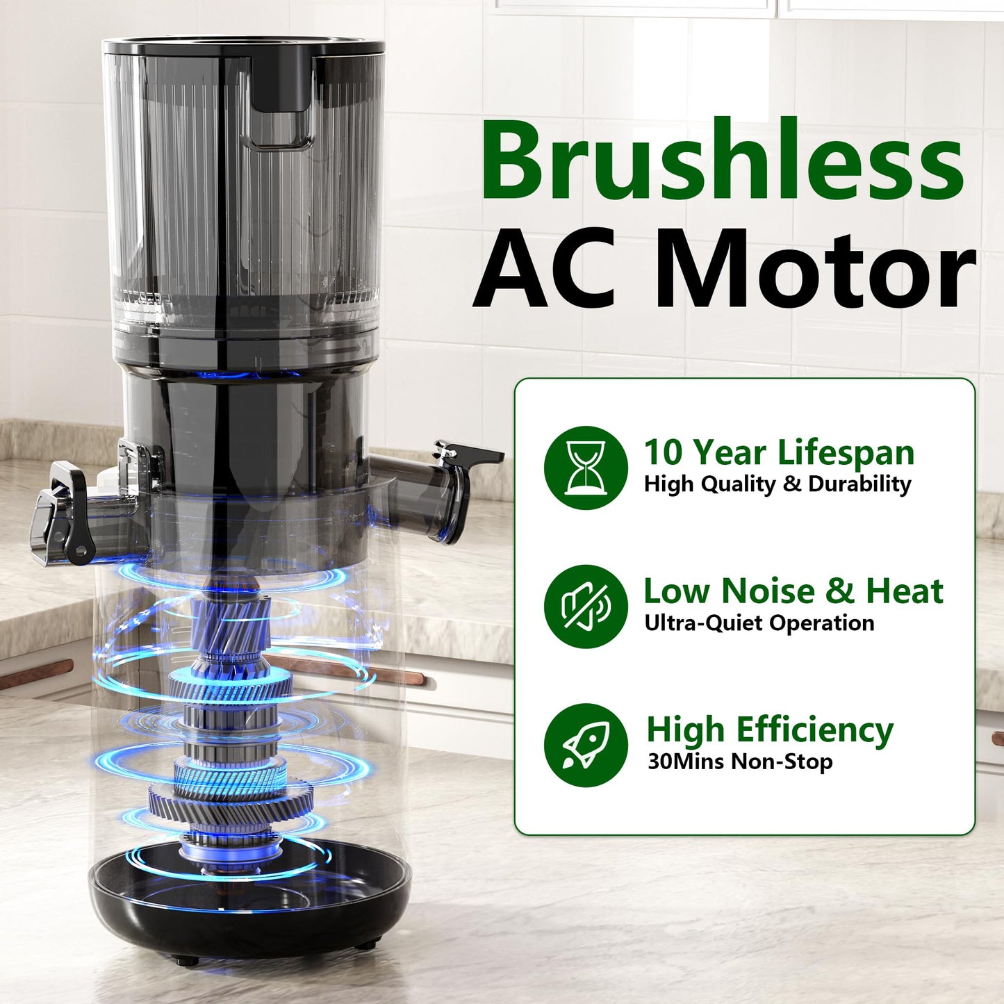 Juicer Machines, Cold Press Juicer with 5.3" Extra Large Feed Chute and Powerful AC Brushless Motor Fit Whole Fruits & Vegetable, High Juice Yield, BPA Free, Extra one Replace juicer strainer