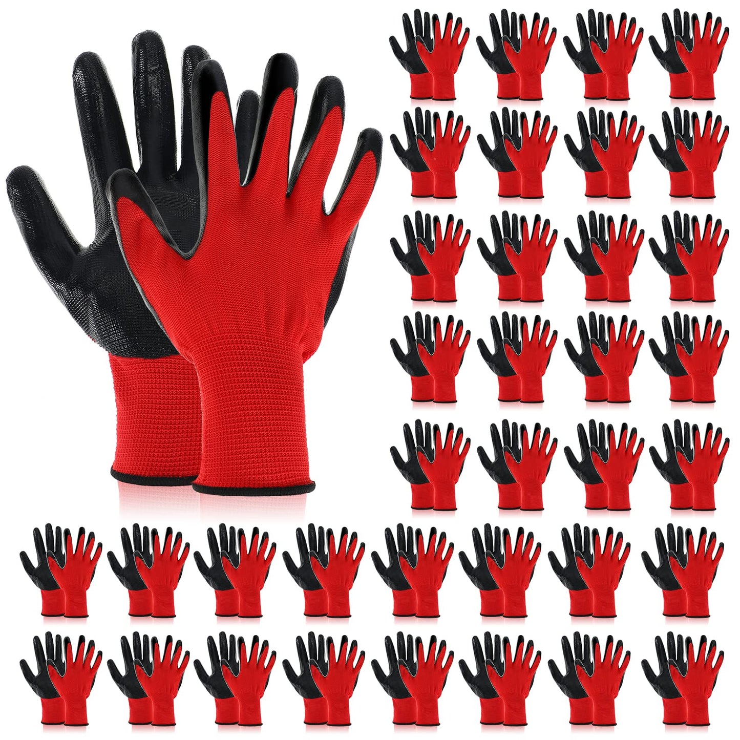 Potchen 36 Pairs Work Gloves for Men Safety Work Bulk Gardening Construction Gloves with Grip Nitrile Coated for Women(Red and Black)