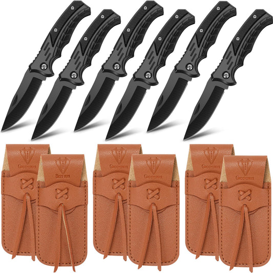 Abbylike 6 Set Groomsmen Gifts Personalized Groomsmen Pocket Knife with Leather Sheaths Mini Folding Knives Proposal Gifts for Wedding Party Favors(Classic,Black)