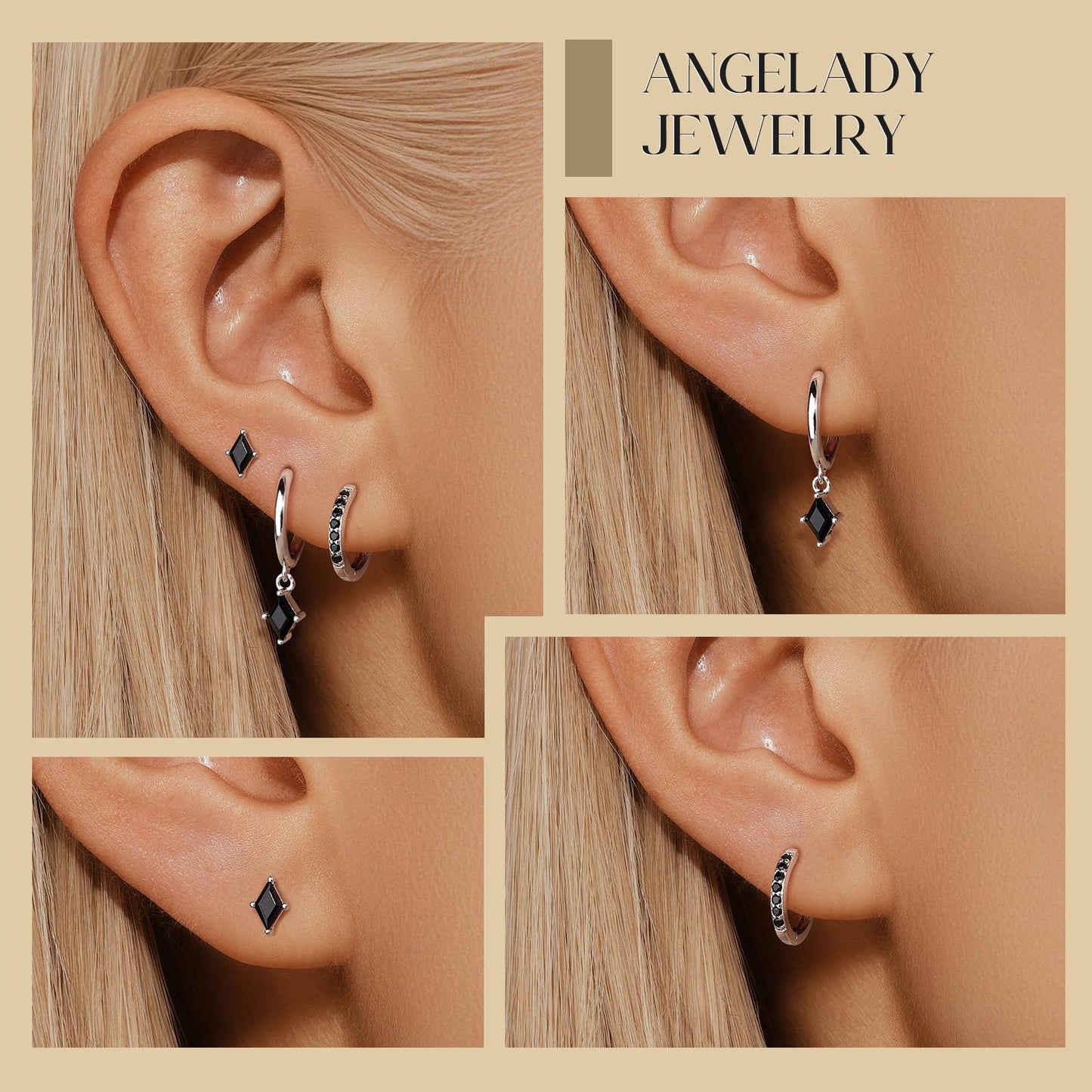 3 Pairs Sterling Silver Earrings Set for Women, Hypoallergenic Silver Black Earrings for Women Dangling, Dainty Huggie Hoop Black Earring Stacks Stud Earring Trendy Jewelry Gifts