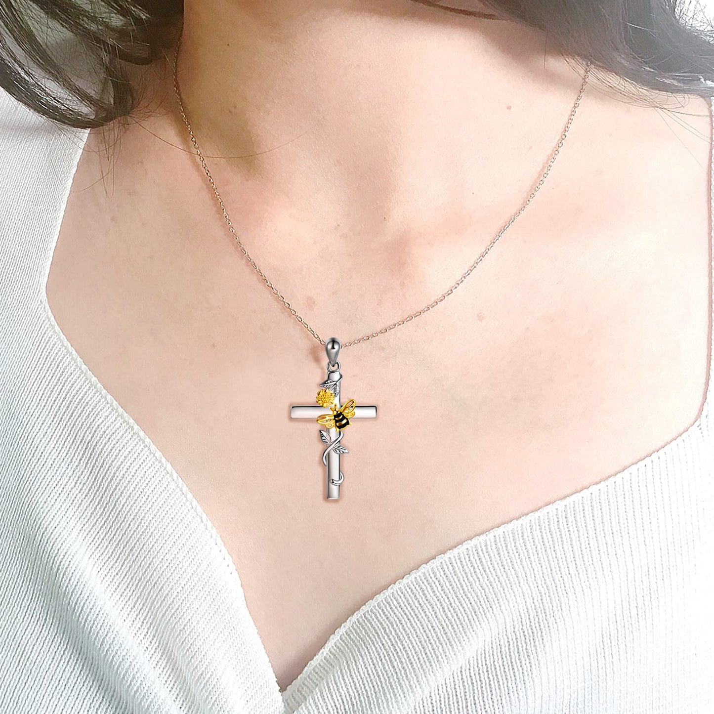 ZLILIJAN Cross Necklace 925 Sterling Silver Sunflower Bee Pendant You Are My Sunshine Honey Bee Jewelry Gifts for Women