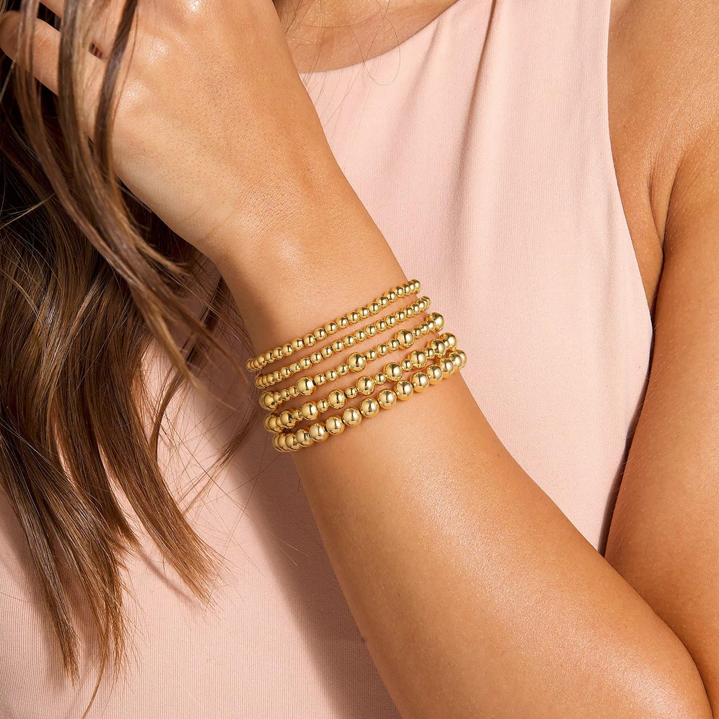 Yoosteel Gold Beaded Bracelets Set for Women Teen Girls - 14k Gold-Plated Dainty Beaded Cross Pearl Bracelet for Women Teenage Girl Gifts Stackable Jewelry Gifts 6 Pcs