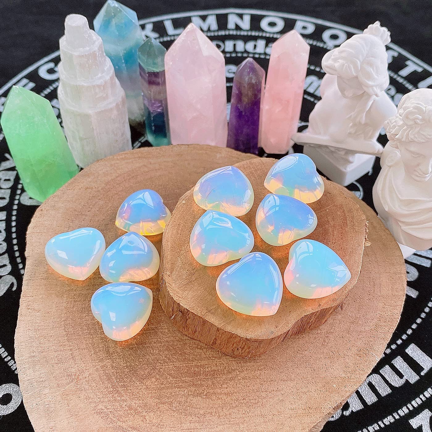 10 PCS Opalite Heart Crystals Thicken Stones Love Heart Shaped Healing Crystal Natural Stone Palm Moonstone Gemstones Set Reiki Energy Balancing Carved Palm Worry Stone Meditation Gift Stocking Stuffers for Women