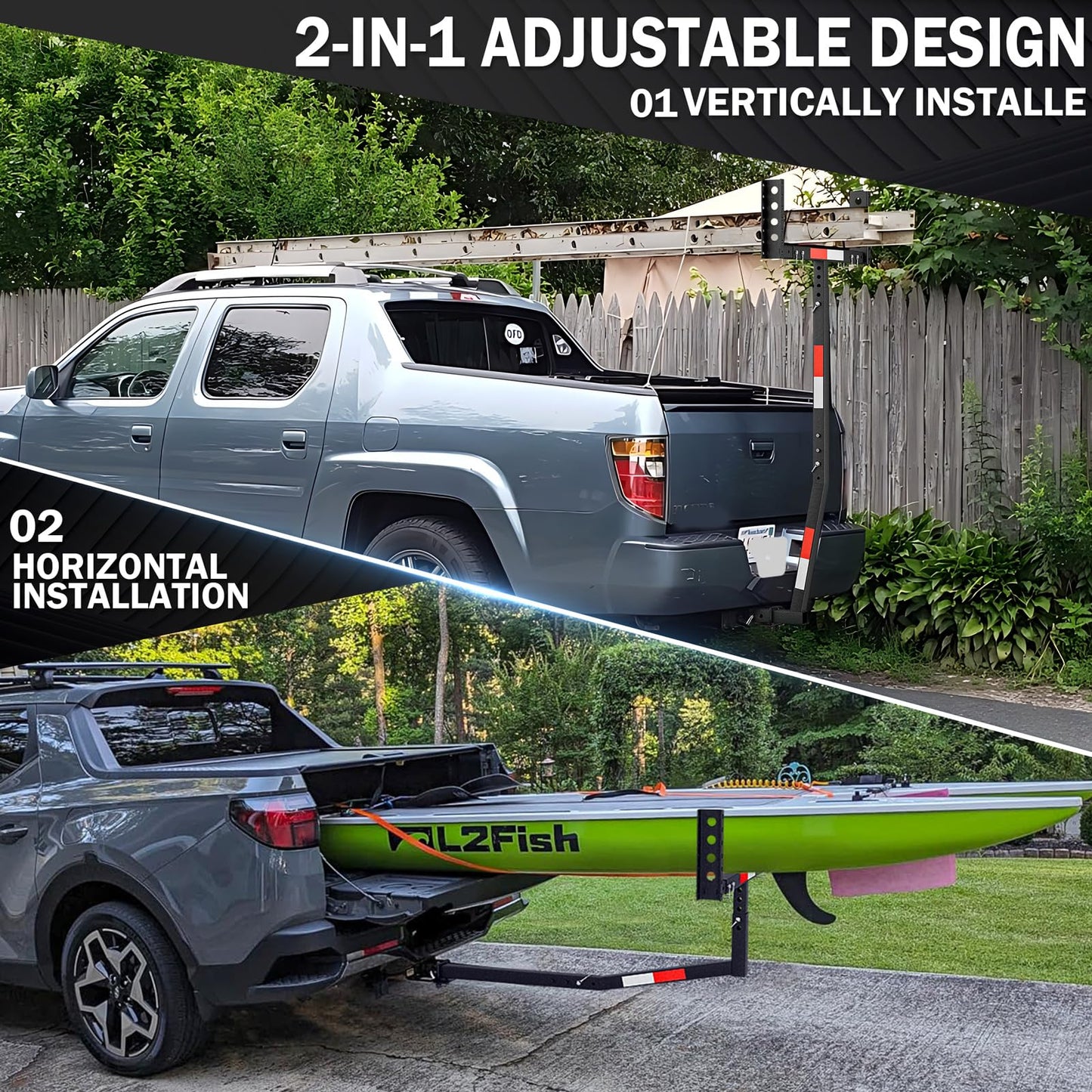 YZONA Truck Bed Extender Hitch Mount, 2 in 1 Design Foldable Kayak Hitch Extender, 800 lbs Load Capacity Tailgate Hitch Extendsion for Pickup Trucks & SUVs for Kayak Ladder, Canoe, Pipes, Lumber Rack