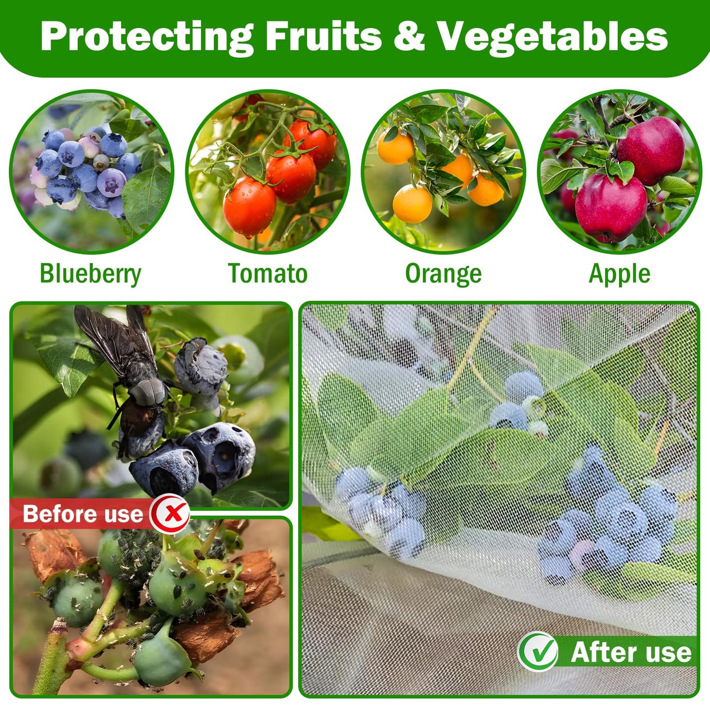 2 PCS Large Fruits Tree Netting Cover for Garden 4 x 6 ft Garden Insect Bird Barrier Plant Netting for Tomato Blueberry Bush Netting Covers Deer Cicada Netting Cover Bag with Drawstring