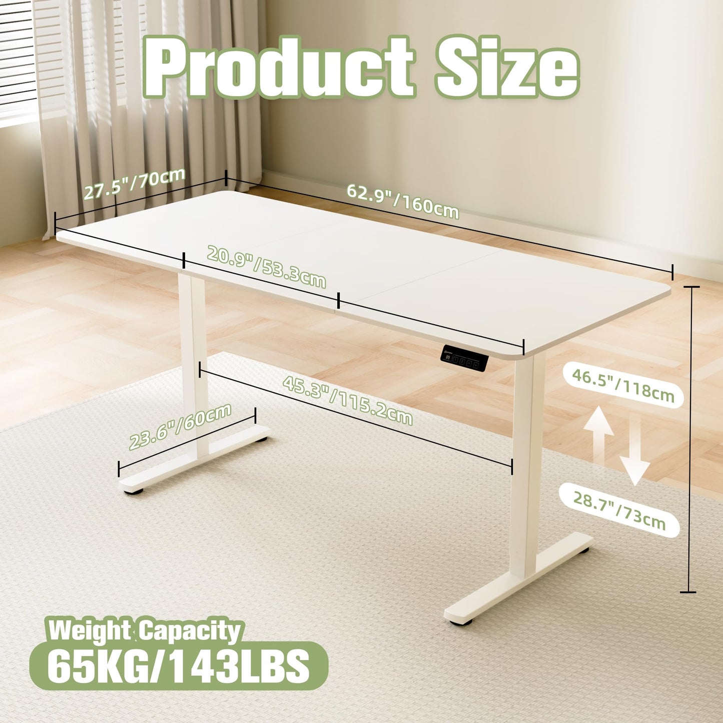 ERGOMAKER 63" Electric Standing Desk, Adjustable Height, Sit Stand Up Desk for Home Office & Computer Workstations, Memory Controller, White