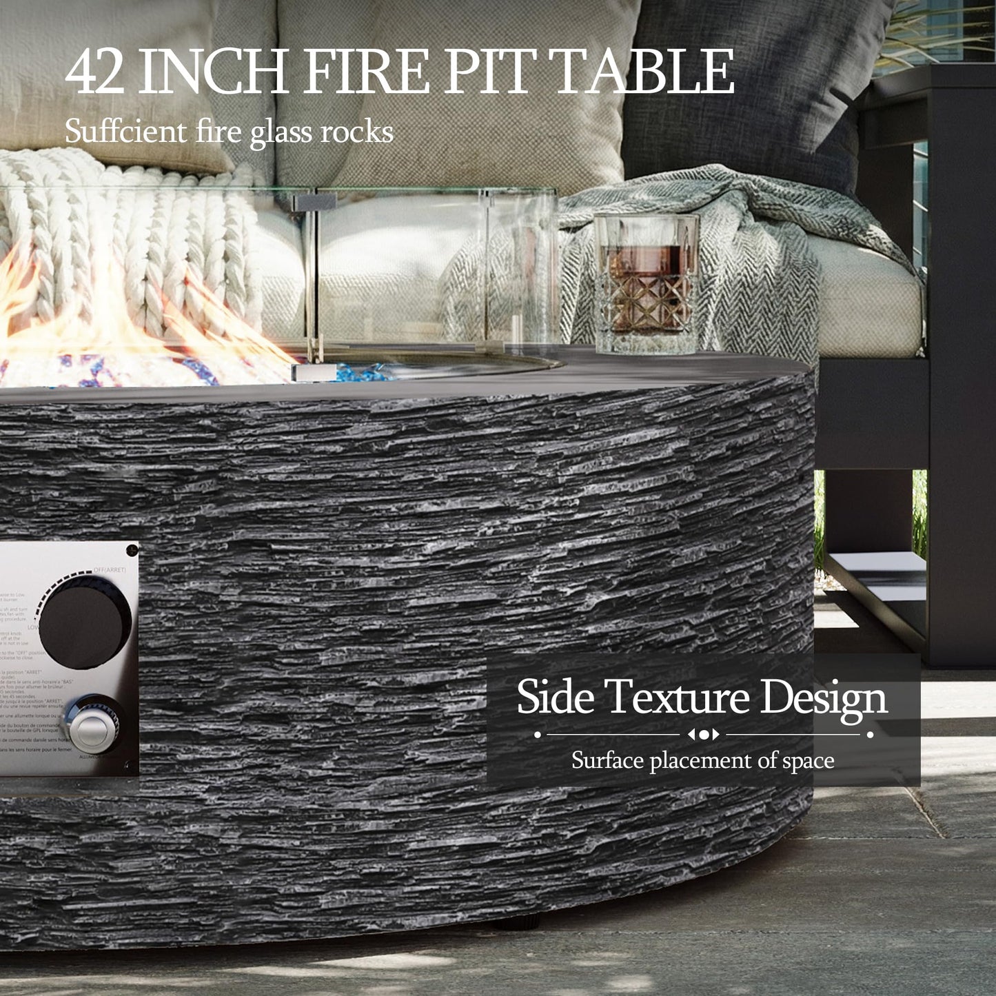 UPHA 42-inch Outdoor Propane Gas Fire Pit Table 50000 BTU Concrete Round FirePit for Outside Patio with Propane Tank Cover, Wind Guard, Blue Glass Rocks, Rain Cover, Grey