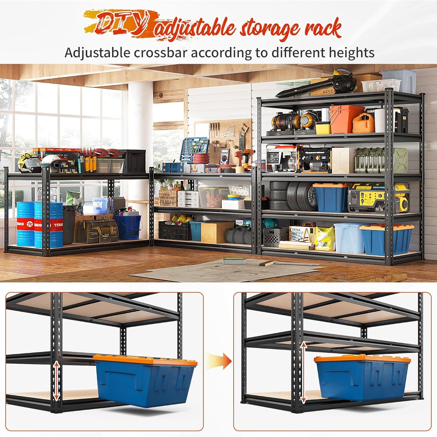 REIBII 48" W Garage Shelving 3020LBS Storage Shelves 5 Tier Heavy Duty Shelving Adjustable Garage Shelves for Basement, Warehouse, Commercial, Easy Assemble, 48" W x 72" H x 24" D, 2PC