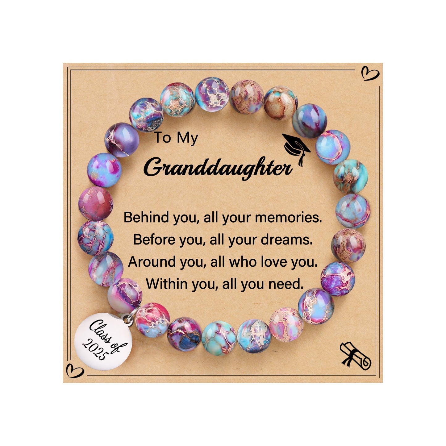 Sistble Middle School Graduation Gifts Class of 2025 Jasper Beaded Graduation Bracelets Inspirational Gifts for Women 5th 8th Grade Granddaughter Gift Ideas Jewelry for Teens
