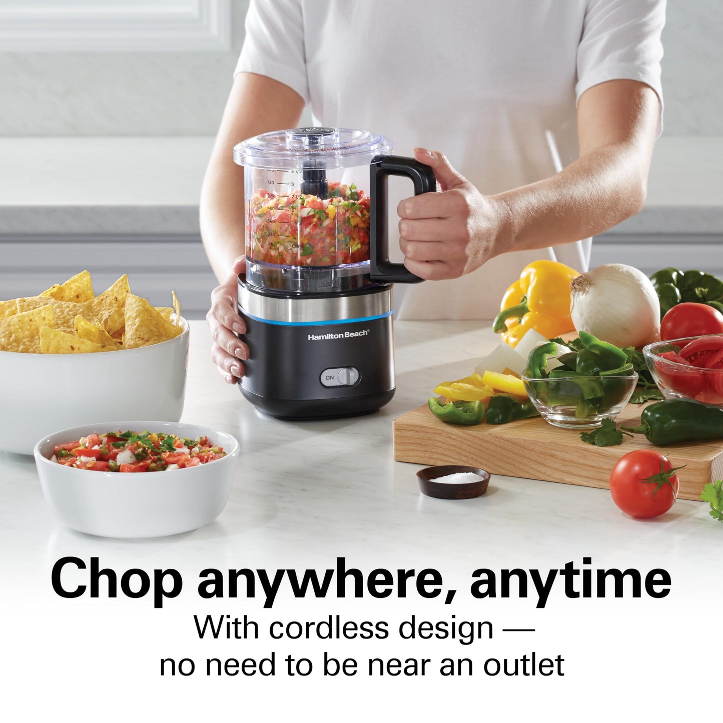 Hamilton Beach Powerful Cordless Mini Food Processor and Vegetable Chopper, 4 Cup Capacity, Fast Recharging, Includes Power Adapter, Chop, Puree, Emulsify, Grind, Dishwasher Safe Bowl, Black (72880)