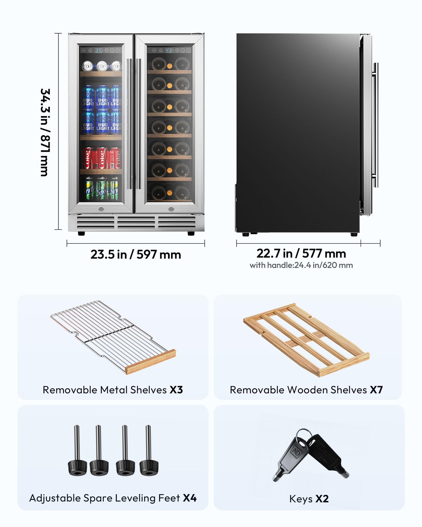EUHOMY Wine and Beverage Refrigerator, 24 Inch Dual Zone Wine Cooler with Glass Door Hold 21 Bottles and 88 Cans, Built in or Under Counter Wine Fridge with Blue LED Light