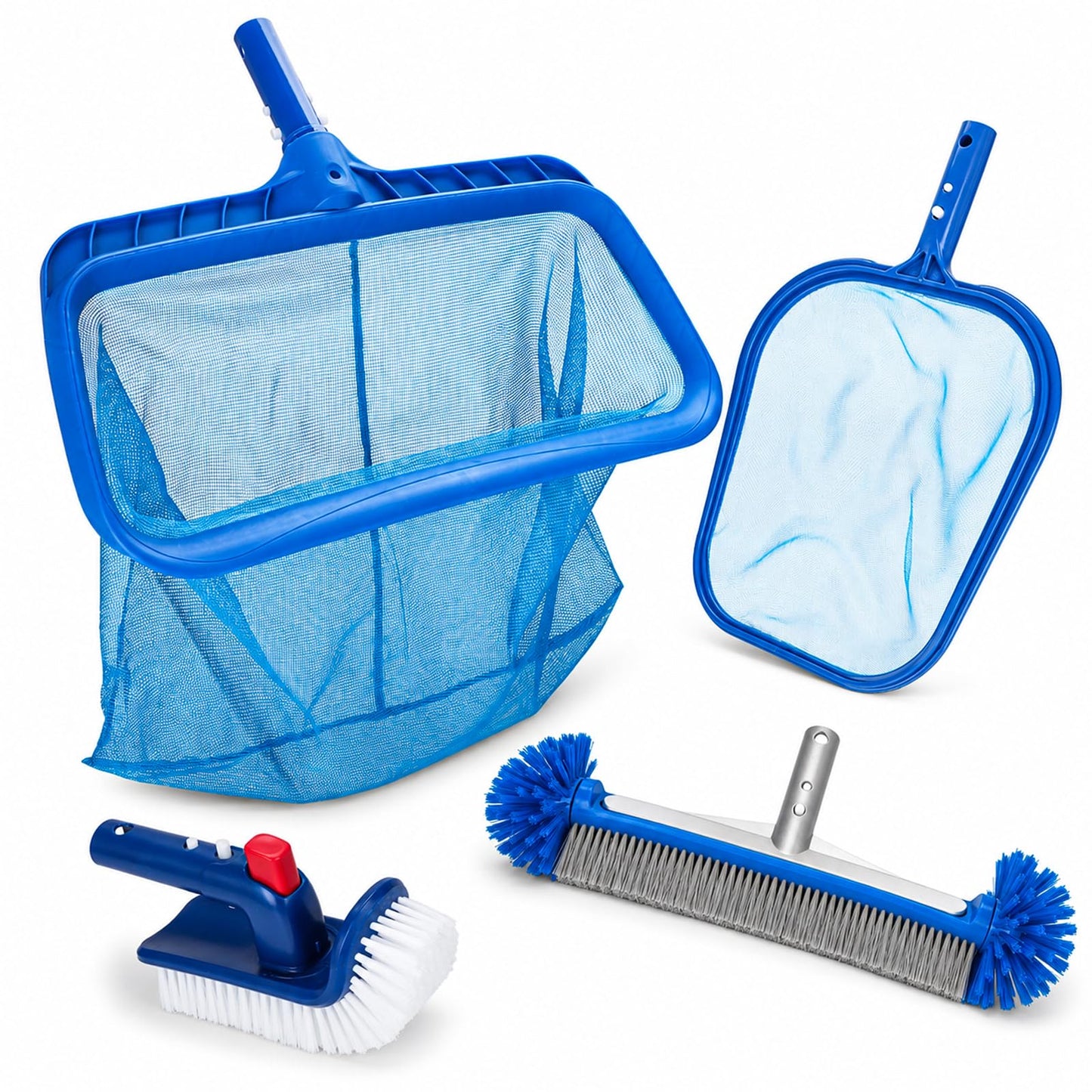 Ahomdoo Pool Cleaning Kit Professional Heavy Duty Leaf Skimmer Net, Deep Bag Rake & Wall Scrubber Brush, 4-Piece Pool Cleaning Equipment Set for Above Ground & Inground Pools (Pole Not Included)