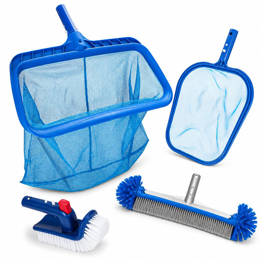 Ahomdoo Pool Cleaning Kit Professional Heavy Duty Leaf Skimmer Net, Deep Bag Rake & Wall Scrubber Brush, 4-Piece Pool Cleaning Equipment Set for Above Ground & Inground Pools (Pole Not Included)