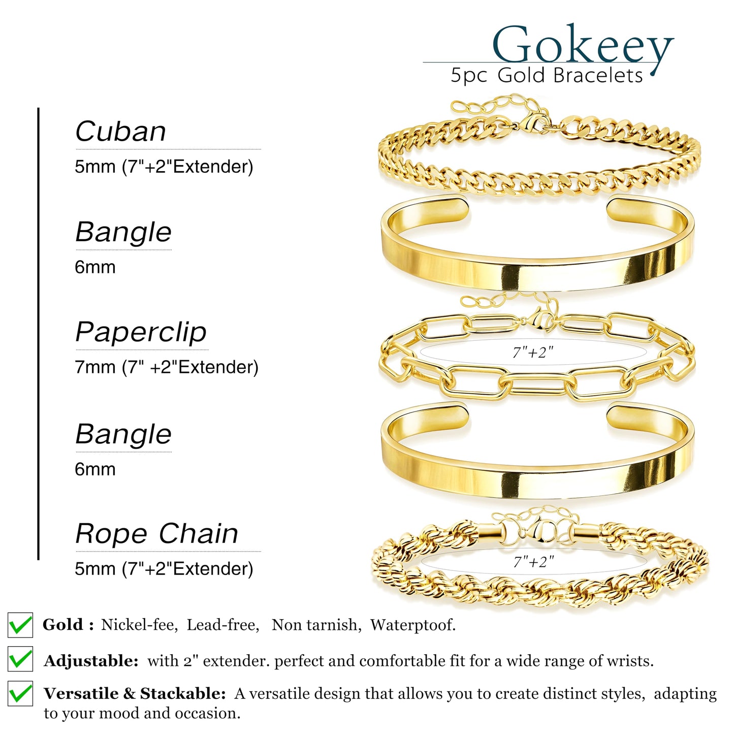 Gokeey Chunky Gold Bracelets for Womenc Trendy, 14k Gold Plated Cuff Bracelet Non Tarnish Rope Cable Paperclip Cuban Link Chain Bangle Bracelet Set Stack Jewelry