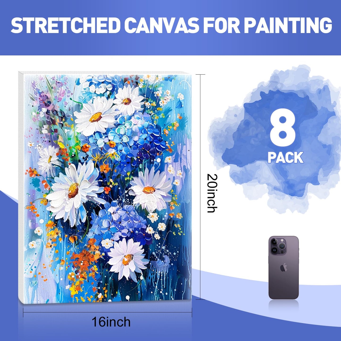 FUMILE 16x20 Canvas for Painting Stretched, 8 Pack Canvases for Painting-5/8 in Profile Primed White Blank Painting Canvas Value Pack for Oil & Acrylic Paint