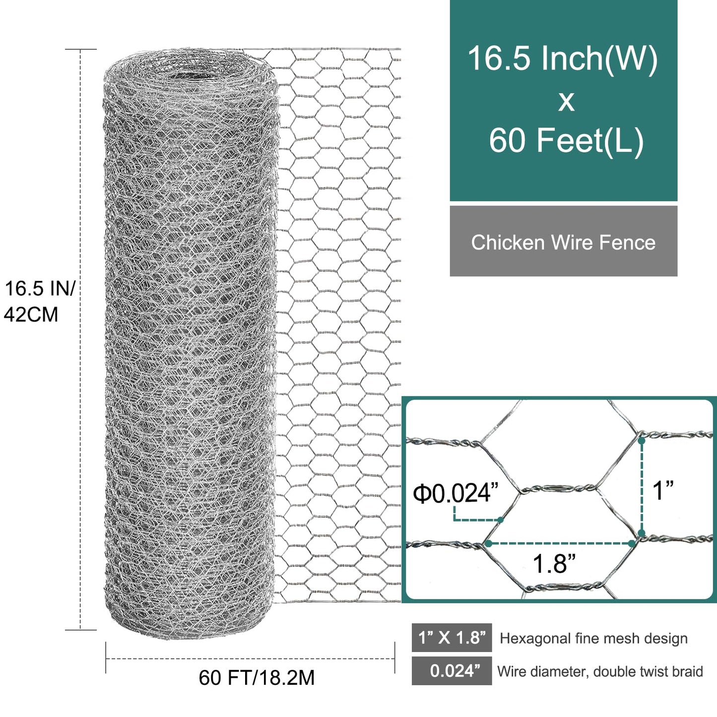 Chicken Wire Fencing, 24 Rifny 16.5 Inch x 60 Feet Chicken Wire Mesh Roll for Garden Plants, 1 Inch Mesh Hexagonal Galvanized Metal Poultry Wire Netting for Chicken Coop Rabbit Dogs Barrier