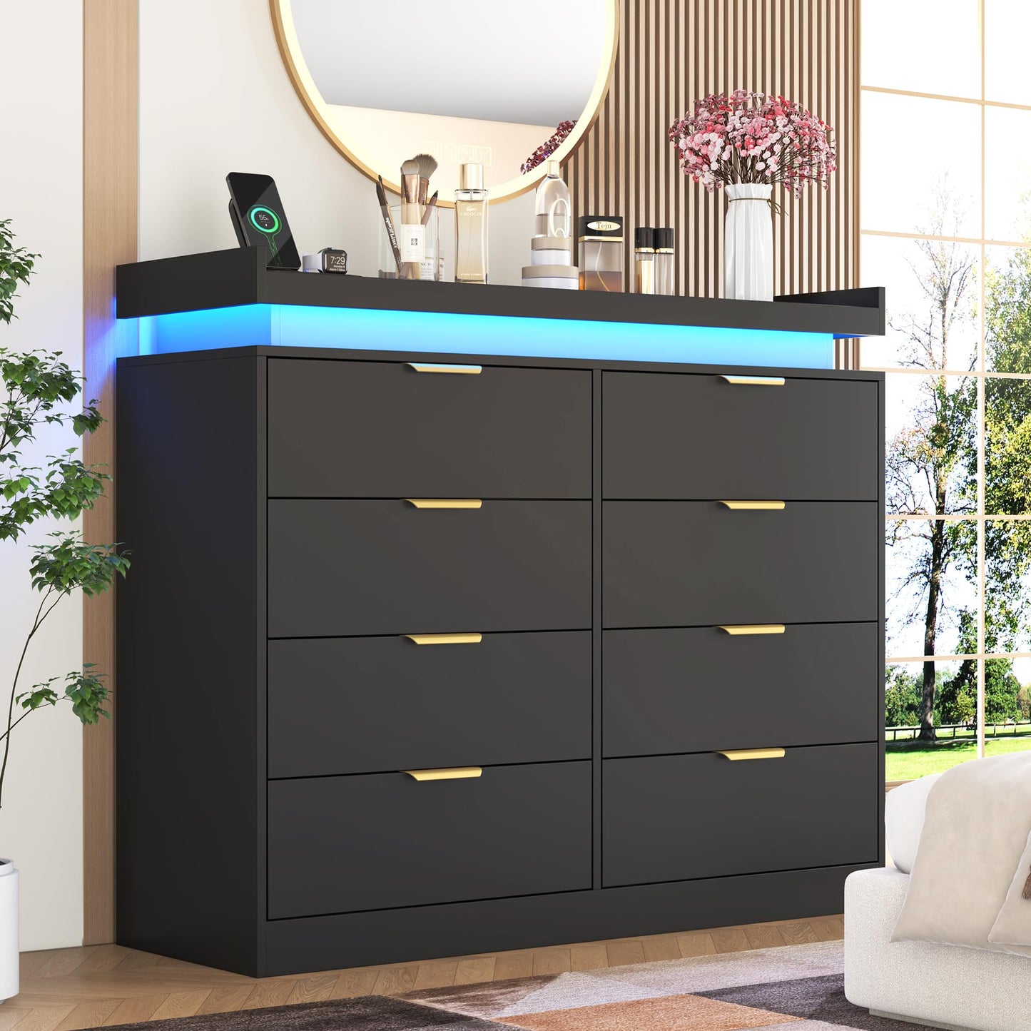 knoworld 8 Drawer Dressers for Bedroom, Black Dresser with LED Lights and Power Outlet, Wood LED Dresser, Double Wide Modern Chest of Drawers for Bedroom, Entryway, Hallway