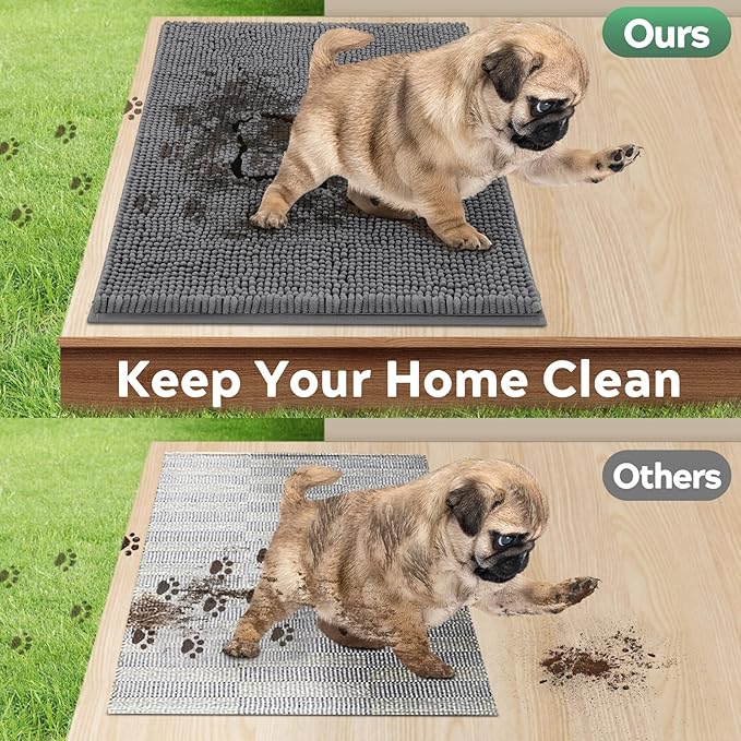 Dog Door Mat for Muddy Paws, Pet Rug Chenille Absorbent Outdoor Doormat 36"x 24", Non Slip Heavy Indoor Doormat Soft Front Inside Doormats for Entryway, Mud Paws, Patio,Dog Paw Black Grey