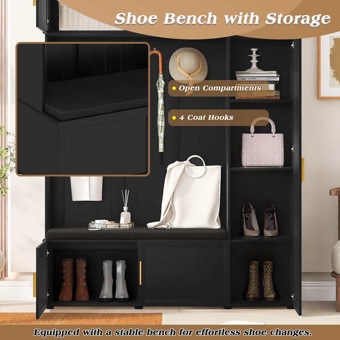 Shaical Hall Tree with Padded Bench and Shoe Storage, 4-in-1 Entryway Bench with Multi-Tier Storage Shelves & Cabinets, 4 Hooks, 79.7" H Wooden Storage Organizer for Entrance, Hallway, Mudroom, Black