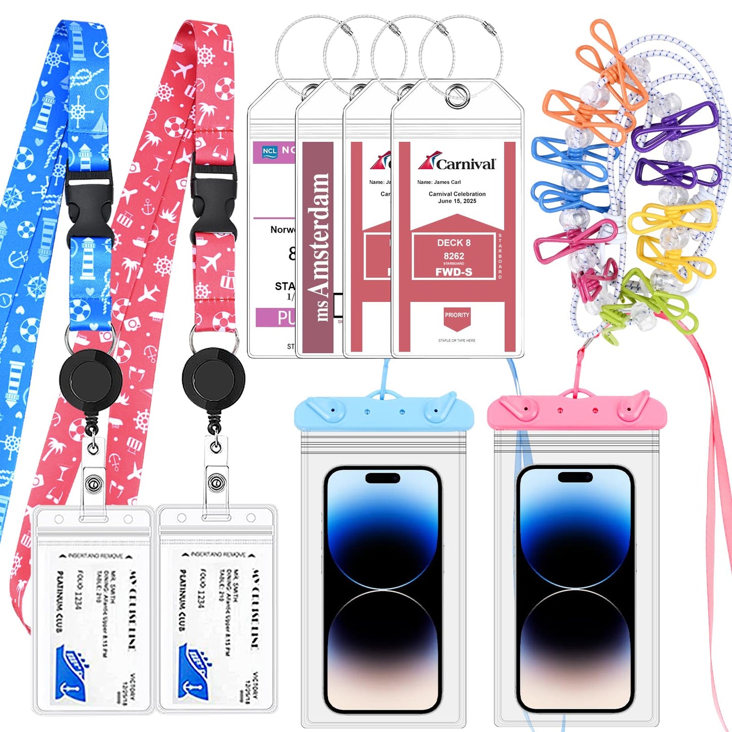 Cruise Ship Essentials 2025, 4 Cruise Luggage Tag Holders, 2 Retractable Cruise Lanyard, 2 Waterproof Phone Pouch and 1 Travel Clothesline for Cruise Ship, Royal Caribbean, Carnival Cruise Lines