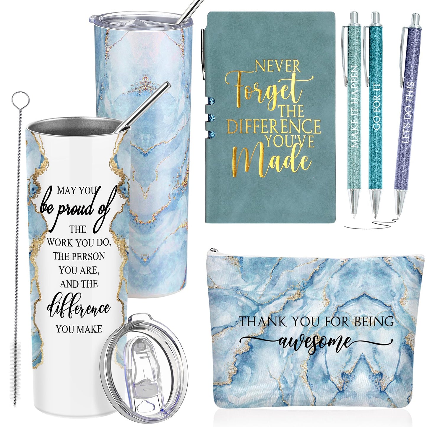 Domensi 6 Pcs Employee Appreciation Gift Set for Women Female Thank You Gift May You Be Proud 20 oz Rustic Marble Sign Tumbler Makeup Bag Journal for Nurse Lady Work Business(Blue)