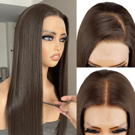 Chocolate Brown Lace Front Wig - 26 Inch Long Straight Synthetic Hair | Pre-Plucked, Glueless Design for Everyday Wear