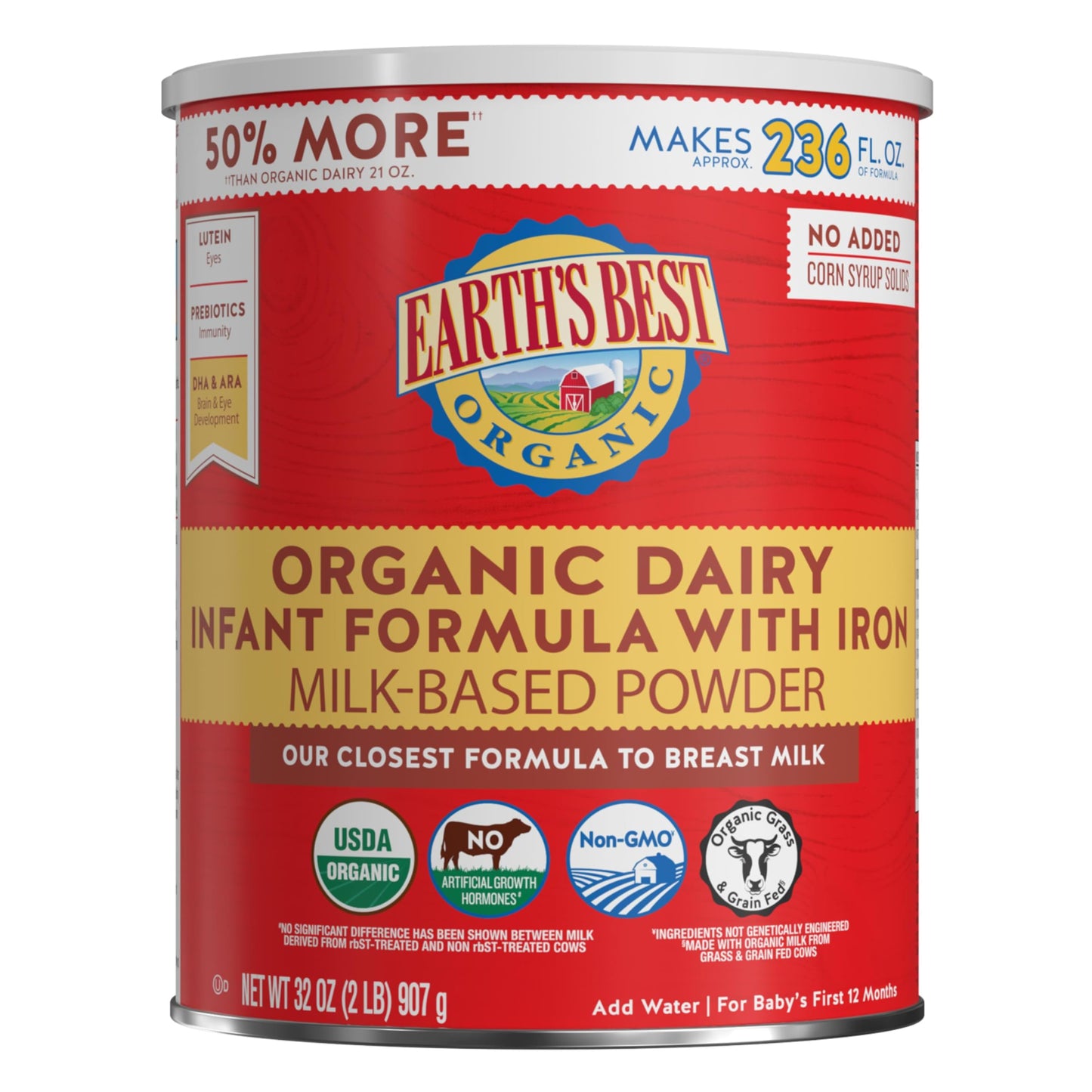 Earth's Best Organic Baby Formula for Babies 0-12 Months, Powdered Dairy Infant Formula with Iron, Omega-3 DHA, and Omega-6 ARA, 32 oz Formula Container