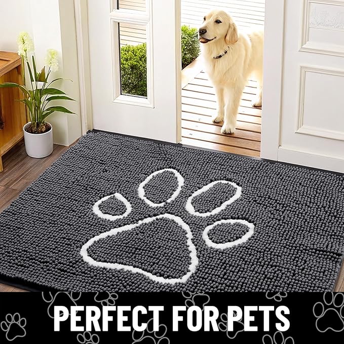 Smiry Dog Door Mat for Muddy Paws, Absorbent Dirt Trapper Non Slip Quick Dry Washable Chenille Mat for Mud Dogs, Entry Rug for Indoor and Outdoor (47x17 Inches, Dark Grey and White)