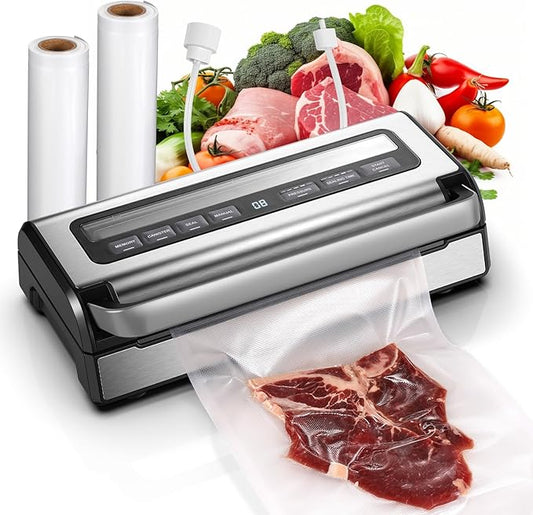 95KPa Automatic Vacuum Sealer, 9-in-1 Food Sealer for Dry/Moist/Liquid Foods, Double Heat Seal & Pump, Includes Bag Rolls & Hose, Stainless Steel