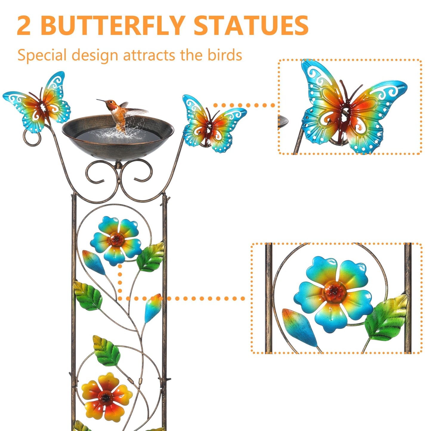 Garden Trellis Bird Bath Outdoor, 43.5 Inch Antique Iron Garden Plant Trellis Decorative with Floral-Butterflies and Detachable Drinking Basin Bowl, Free Standing BirdBath Birdfeeder Station
