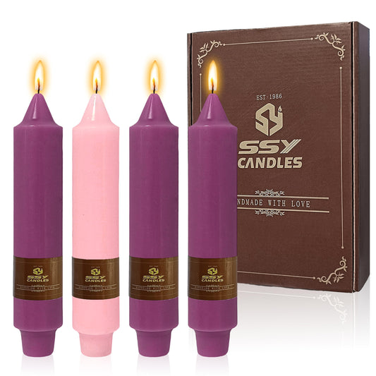 Advent Candles Set of 4, 7 Inch Fat Tapered Candles, Perfect for Christmas - Smokeless, Unscented, Long Burning - Hand Poured, Colored Short Candlesticks - Pink and Purple