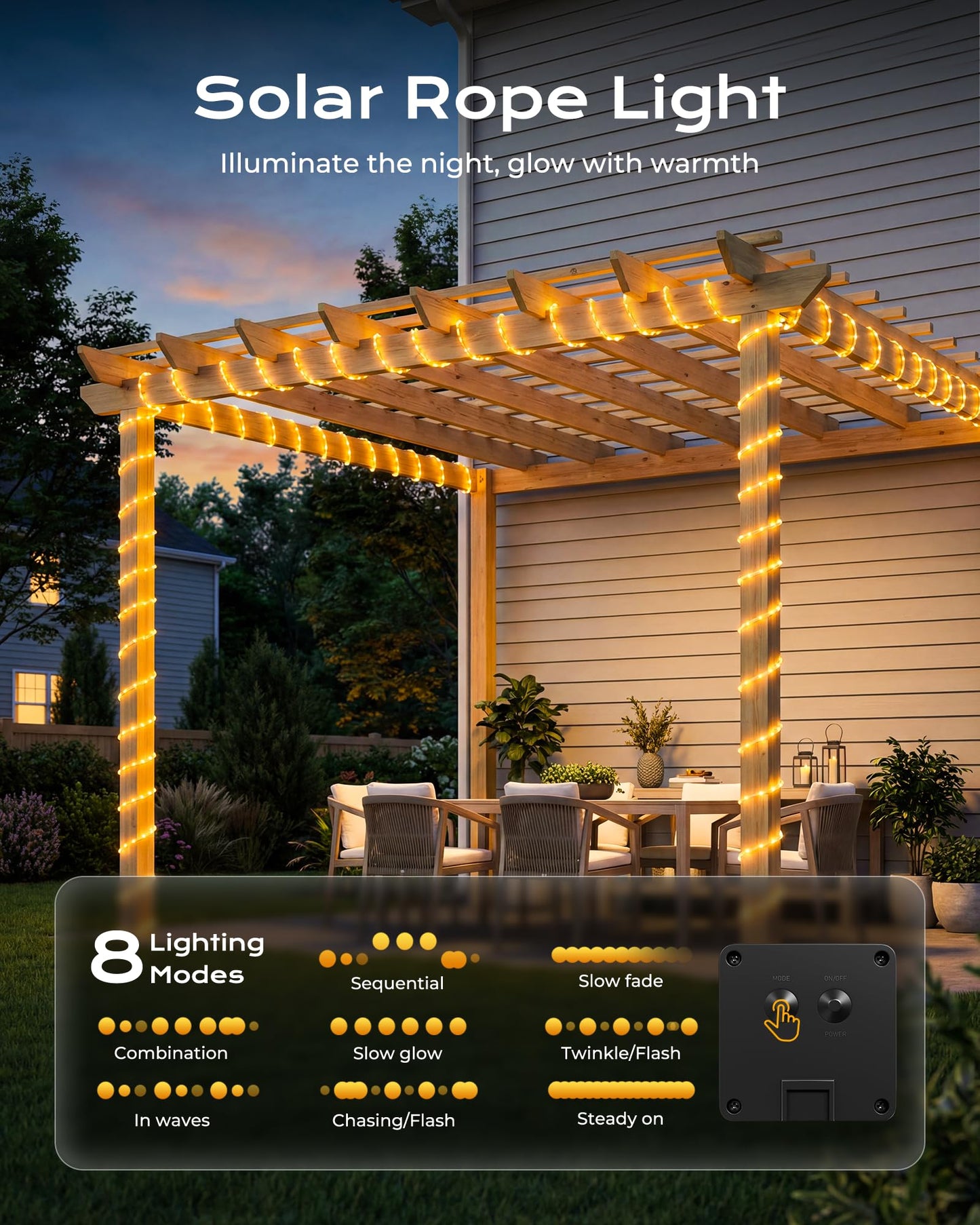 Brightown 2 Pack Solar Rope Lights, Total 78FT 200LED Warm White Solar String Lights Outdoor, IP65 Waterproof Solar Powered Fairy Lights with 8 Lighting Modes for Yard Garden Patio Tree Decoration