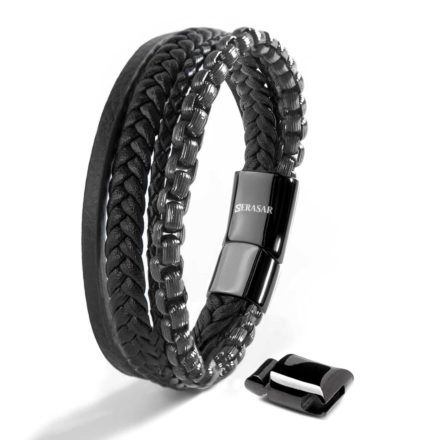 SERASAR Pulsera de cuero negro para hombre 23cm negra Hombres Caja regalo genuino Trenzado Multicapa Abrigo Pulseras masculinas Joyas magnéticas