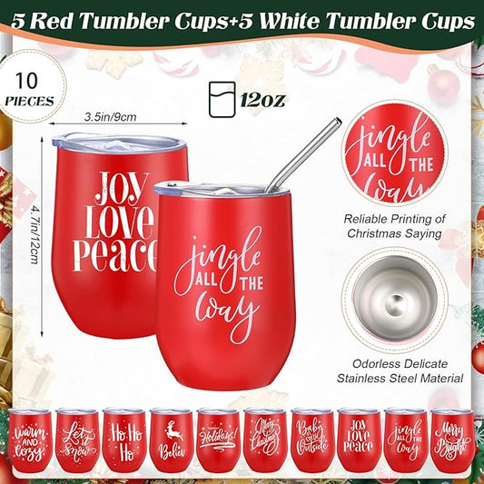 Uiifan 10 Pack Christmas Tumblers Gifts 12 Oz Xmas Funny Tumbler Christmas Stainless Steel Coffee Mugs Set Xmas Insulated Travel Cup with Straw Lid for Family Xmased Holiday Gift (Red)