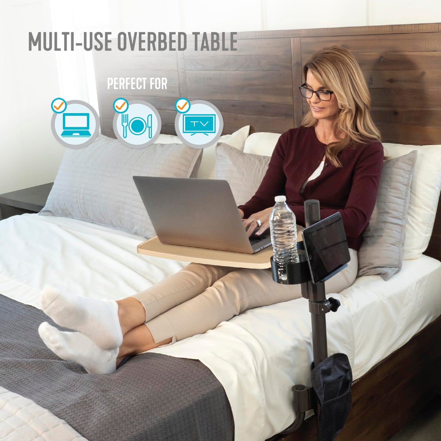 Stander EZ Swivel Overbed Table, Adjustable Medical Lap-Desk and Large Bedside-Tray with Cupholder, Tablet Holder & Organizer Pouch, 360 Degree Rotating Tray & Laptop Computer Desk for Home Beds