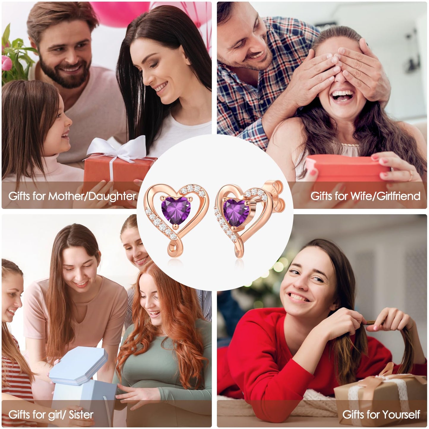 Zifeel Earrings for Women,Rose Gold Birthstone Heart Studs Earring for Girlfriend Wife, Anniversary Birthday Christmas Valentines Mothers Day Gifts Jewelry for Women Wife Her Mom