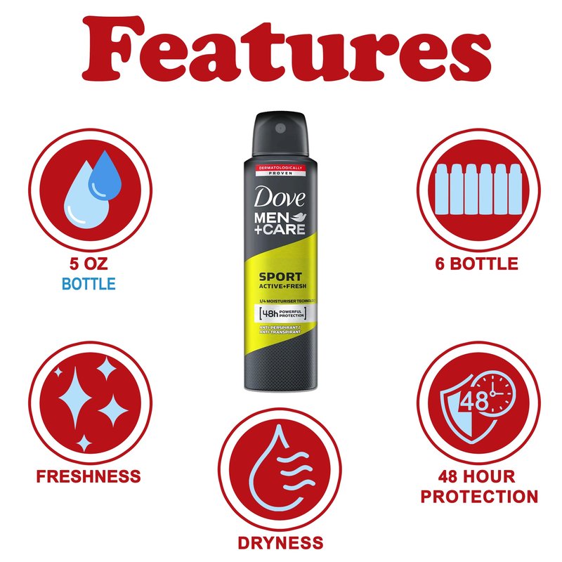 Dove Men+Care Sport Fresh Antiperspirant Deodorant for Men, 6 Pack, Long Lasting 48 Hour Odor Protection, 5 oz. Each