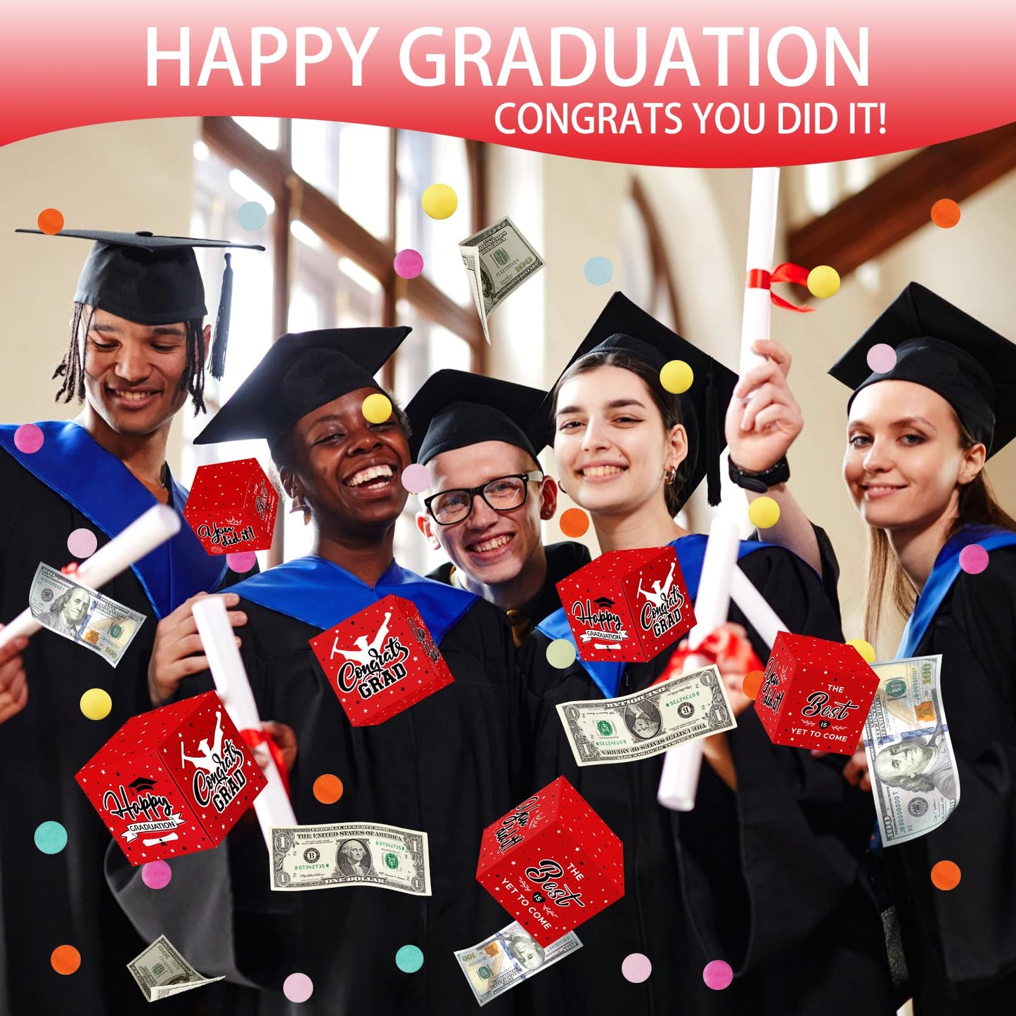 WenmthG 2026 Graduation Surprise Gift Box Explosion for Money - 10 Pcs Grad Pop Out Folding Bounce Money Gift Box with Confetti - Cash Gift Idea for Grad - Graduation Money Bank Party Supply (Red)