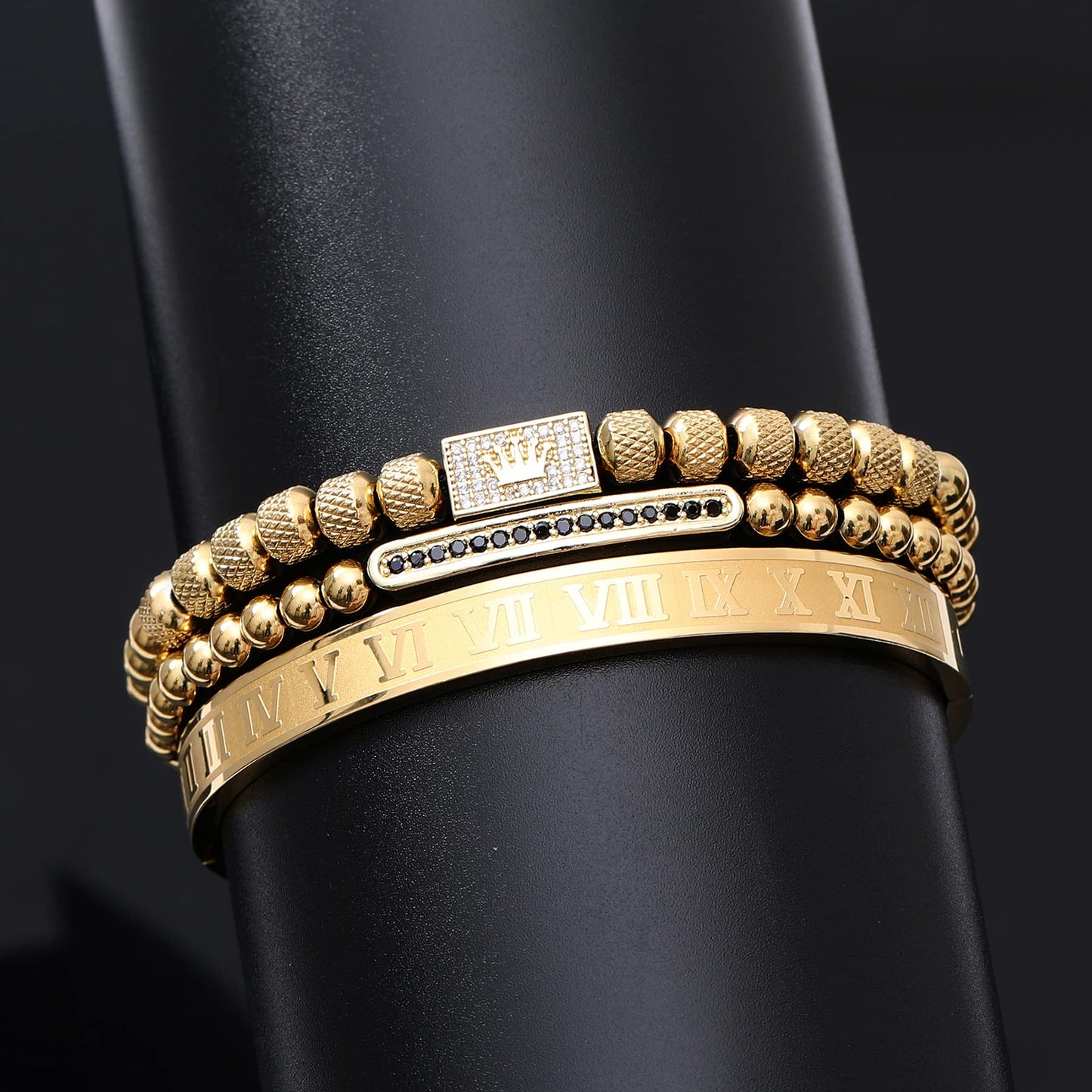 WFYOU 3PCS Stainless Steel Bracelets for Men Gold Roman Numeral Bangle Bracelet Twisted Cable Bracelet Adjustable Cuff Bracelet Mens Luxury Jewelry Bracelets Gifts(H:Gold)
