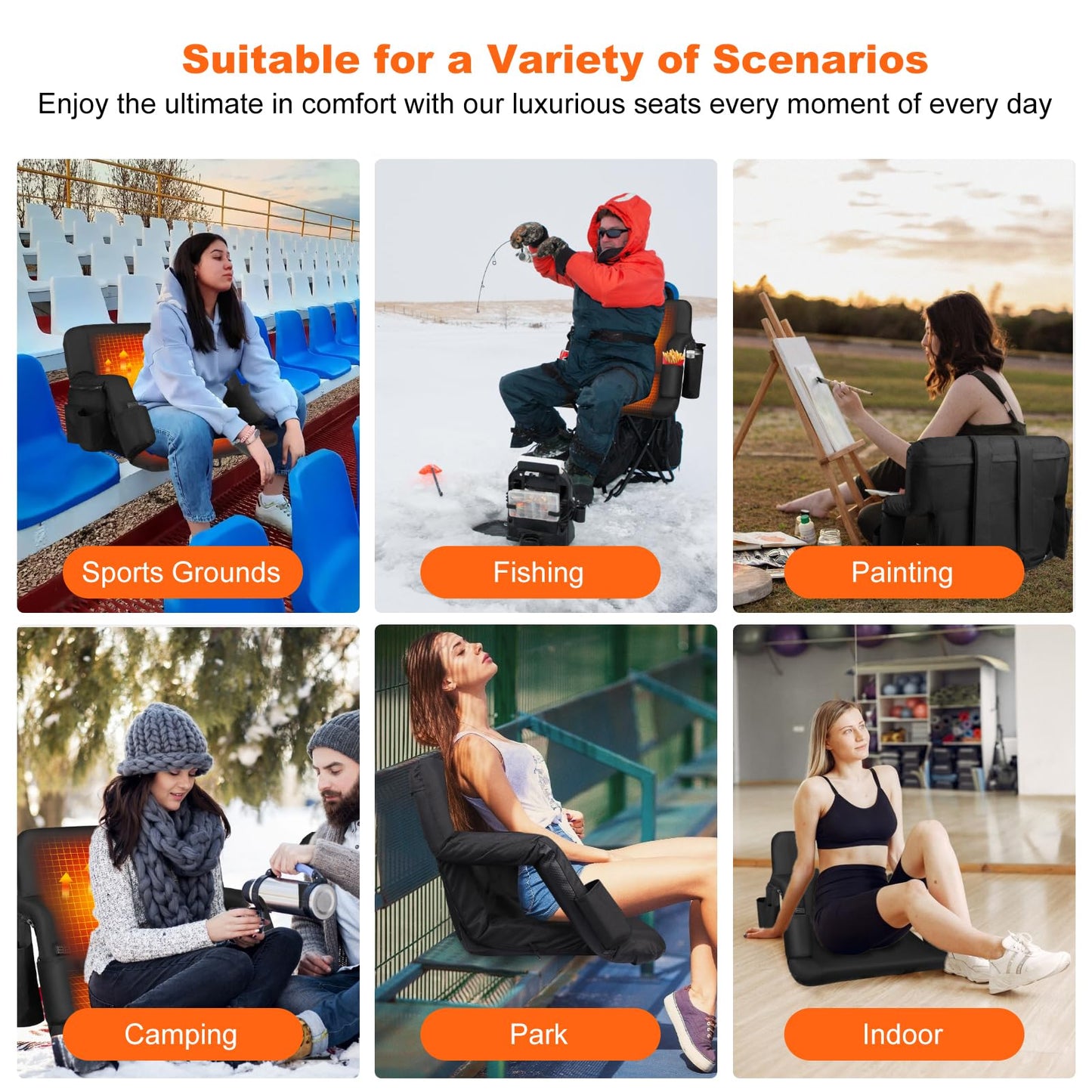 Moteoza Heated Bleacher Seat with Backrest with 5V 20000mAh Battery Heated Stadium Seats for Bleachers with Back Support Wide 25" Heated Stadium Chair 6 Reclinng Positions 3 Heating Levels 2PCS