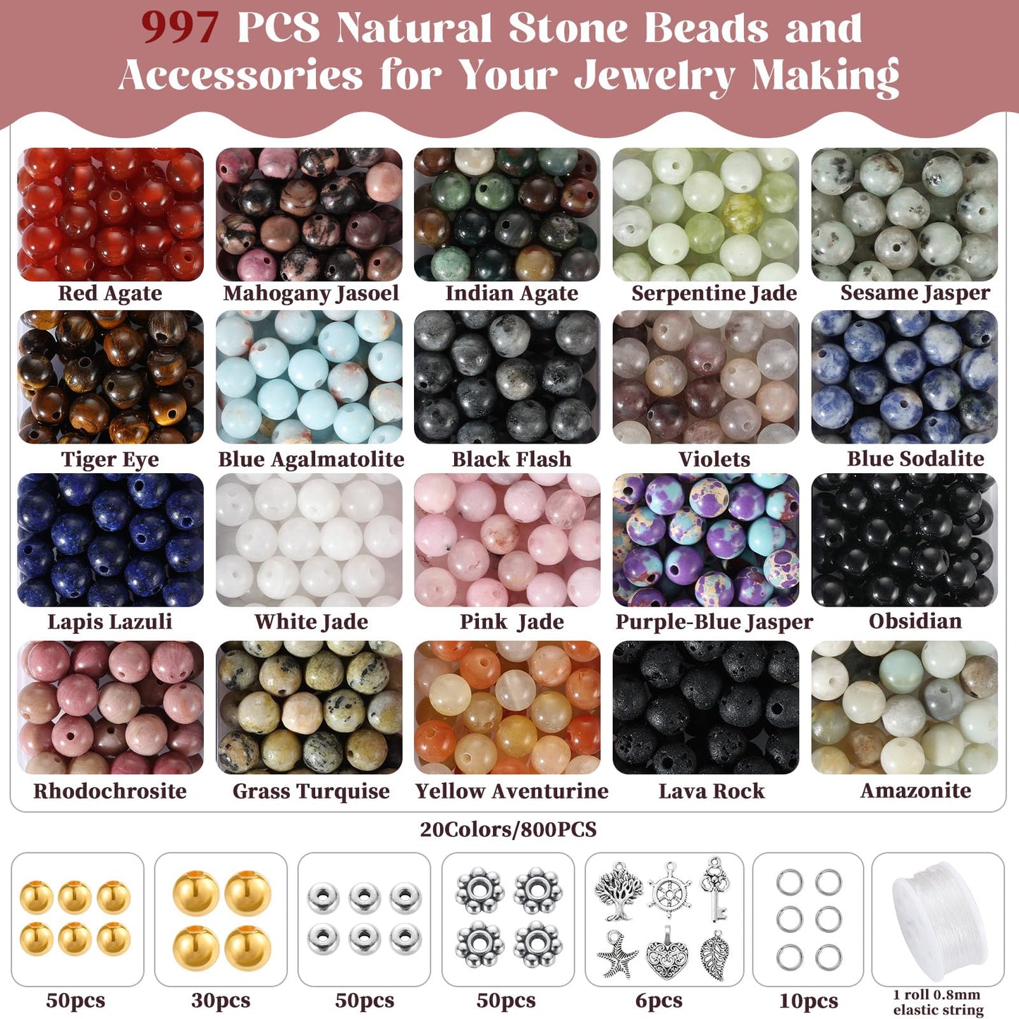 Zefy 996 Pcs 6mm Natural Stone Beads, Round Crystals Bead Genuine Real Stones, Gemstone Beads Kit with Spacer Bead Charms for Bracelets Jewelry Making (20 Colors)