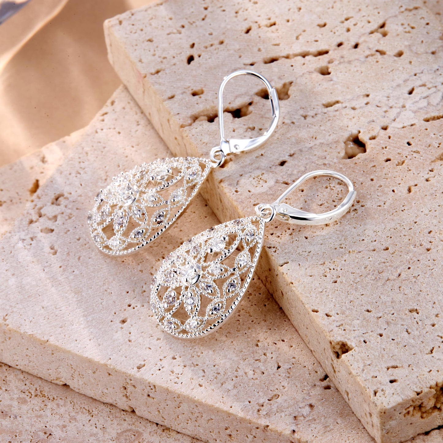 Sterling Silver Earrings Filigree Dangle Drop Leverback Earrings for Women Cubic Zirconia Drop Earring Hypoallergenic Leverback Teardrop Dangle Filigree Earrings Silver Jewelry for Gifts