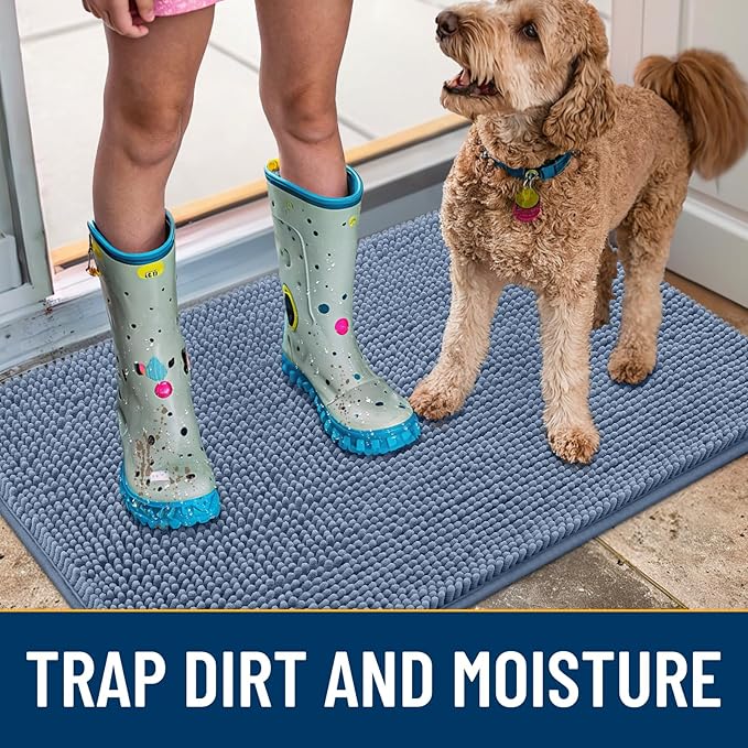 Smiry Dog Door Mat for Muddy Paws 59x24, Absorbs Moisture and Dirt Doormat, Non-Slip Washable Quick Dry Chenille Front Door Mat Indoor Entrance, Entryway Carpet for Inside Floor, Airy Blue